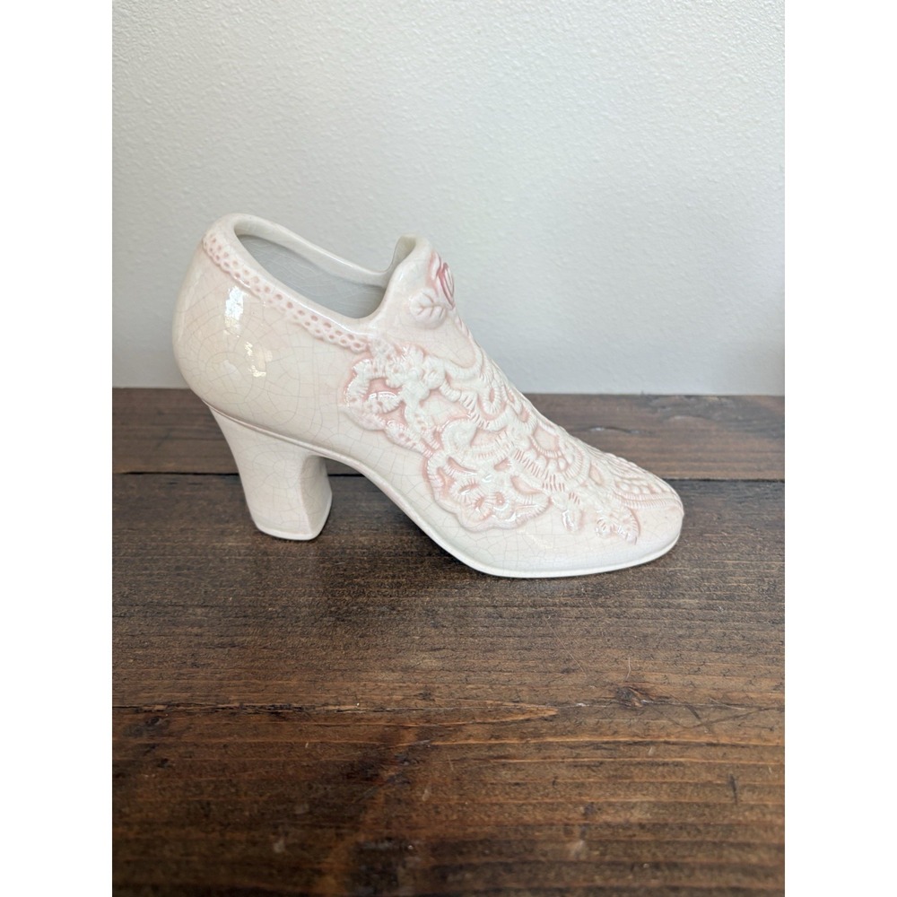 Vintage VICTORIAN Ceramic Shoe Pink Pastel 6.5 Wide x 4.5 Tall Signed